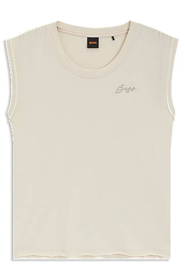 Linne BOSS BOSS Cotton-Jersey Sleeveless Top with Logo Beige | 50545521