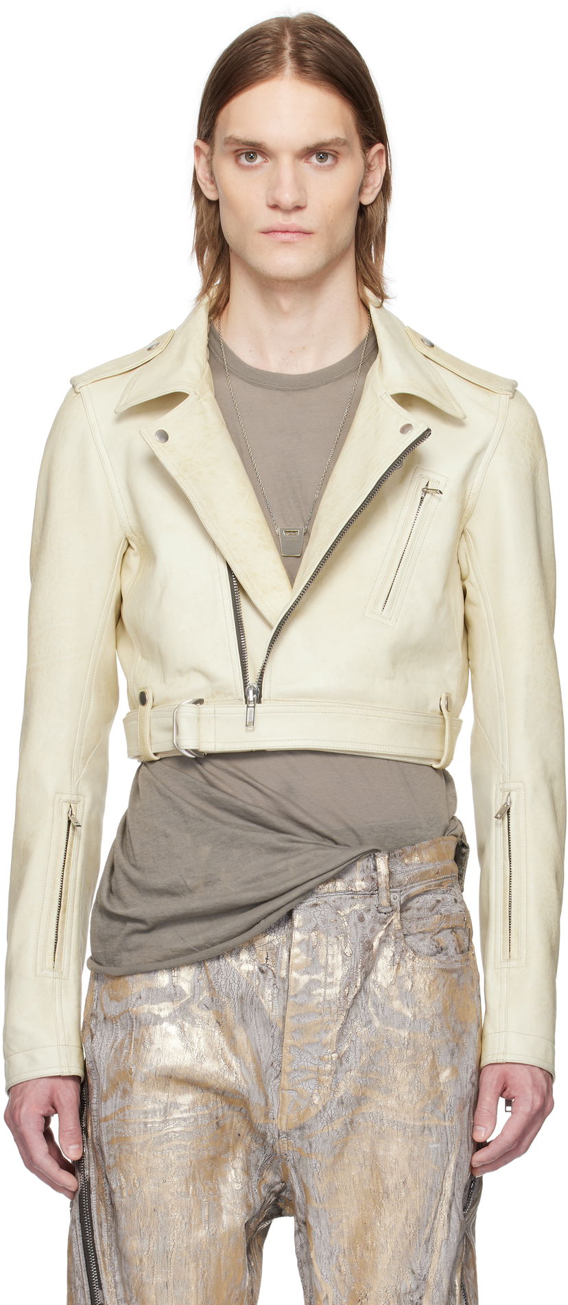 Jacka Rick Owens Rick Owens Hollywood Cropped Stooges Leather Jacket Vit | RR01E5707 LBH