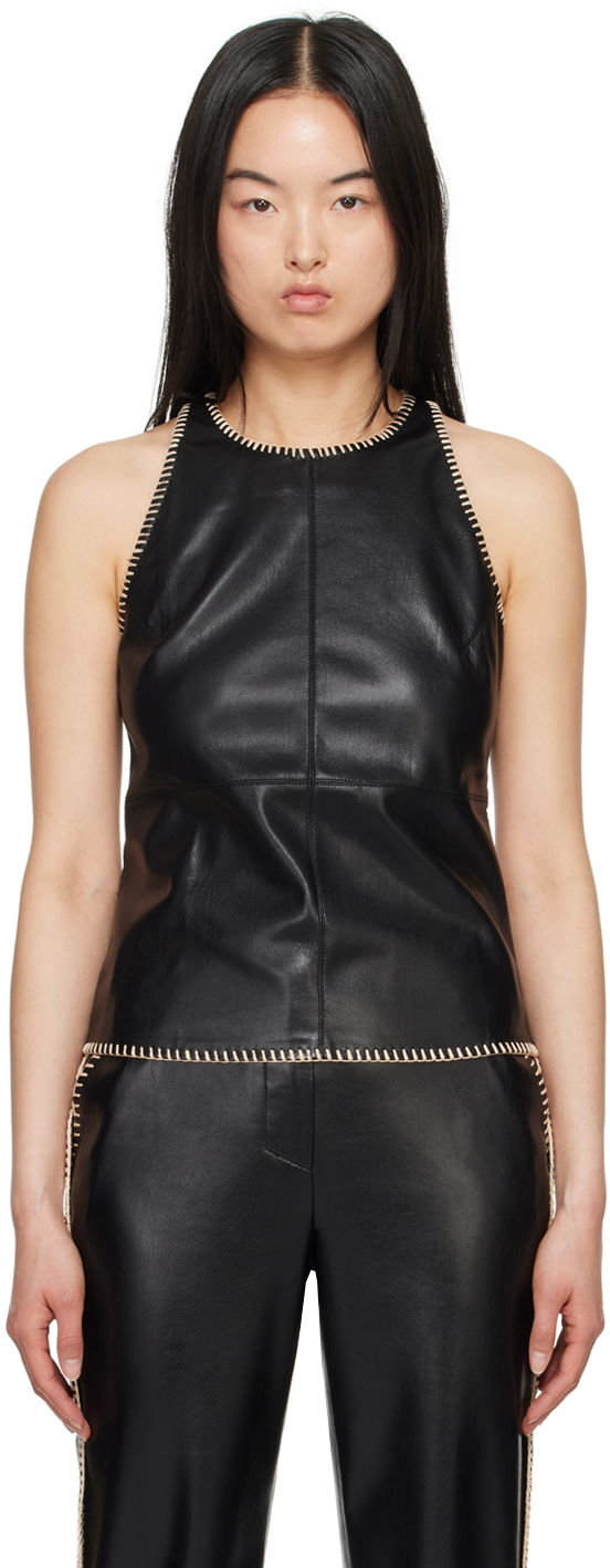 Linne Nanushka Vegan Leather Tank Top with Braided Trim Svart | NW24SSTP03499