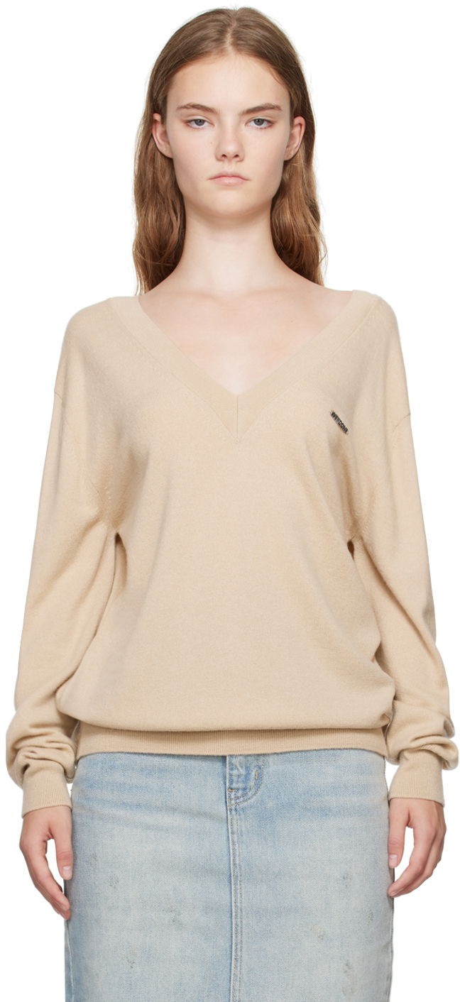 Sweater We11done Deep V-Neck Sweater Beige | WD-KT2-24-642-W-BG
