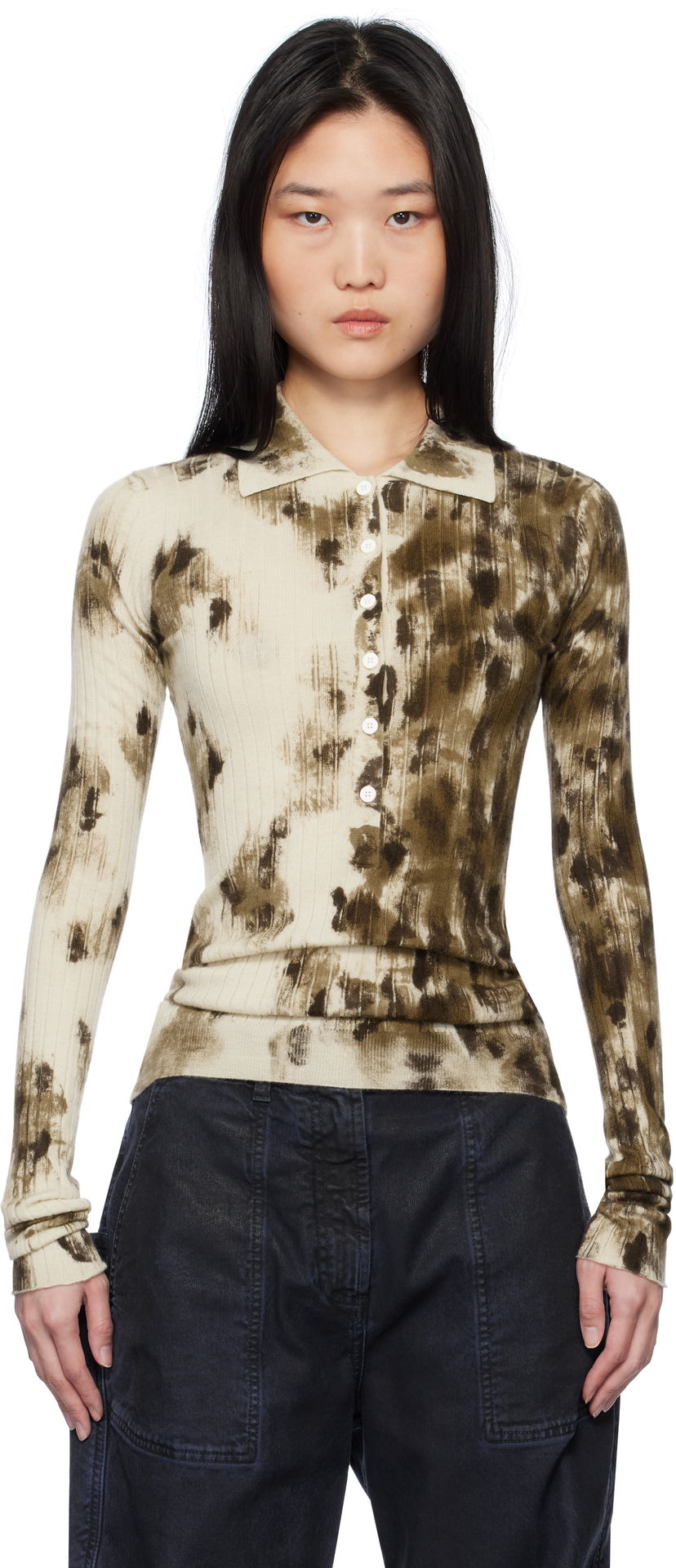 Polotröja The Attico The Attico Animal Print Long Sleeve Polo Beige | 250WCK00112 KWS006PR