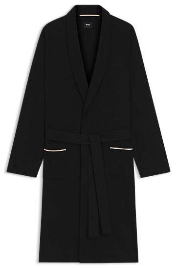 Pyjamas BOSS Cotton jersey dressing gown with shawl collar, tie belt, and contrast-piped pockets Svart | 50545943, 1