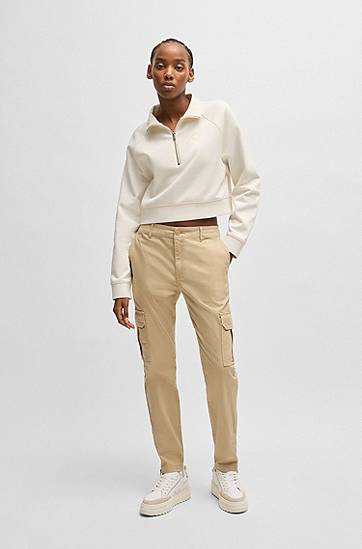 Sweater BOSS Cropped Cotton Terry Sweatshirt with Embroidered Logo Vit | 50537102, 1