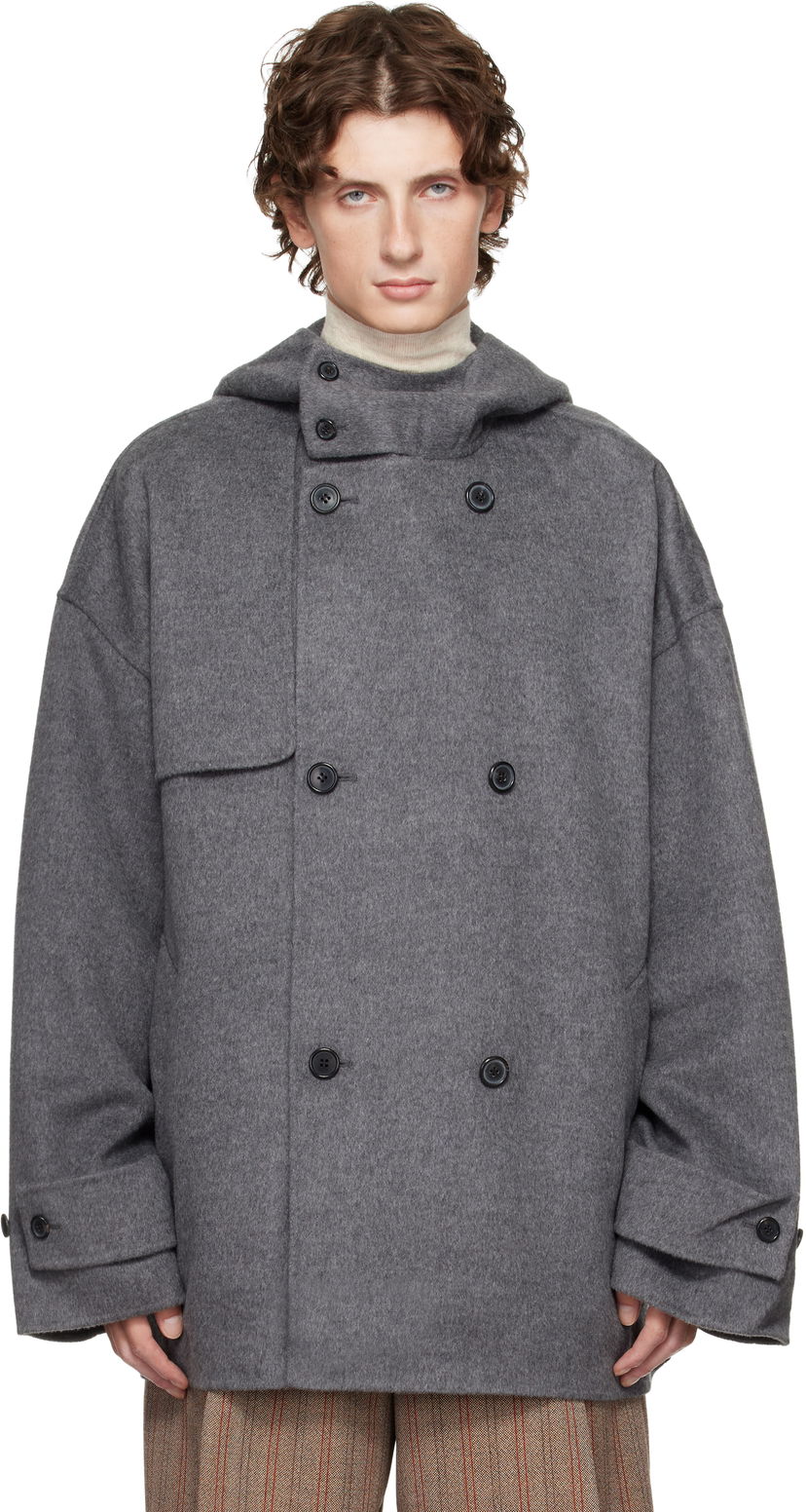 Rockar JW Anderson JW Anderson Oversized Hooded Double-Breasted Felted Peacoat Grå | CO0342-PG1559