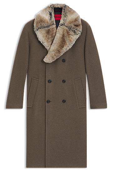 Rockar BOSS Virgin-wool double-breasted coat with removable faux-fur collar Brun | 50546526, 0