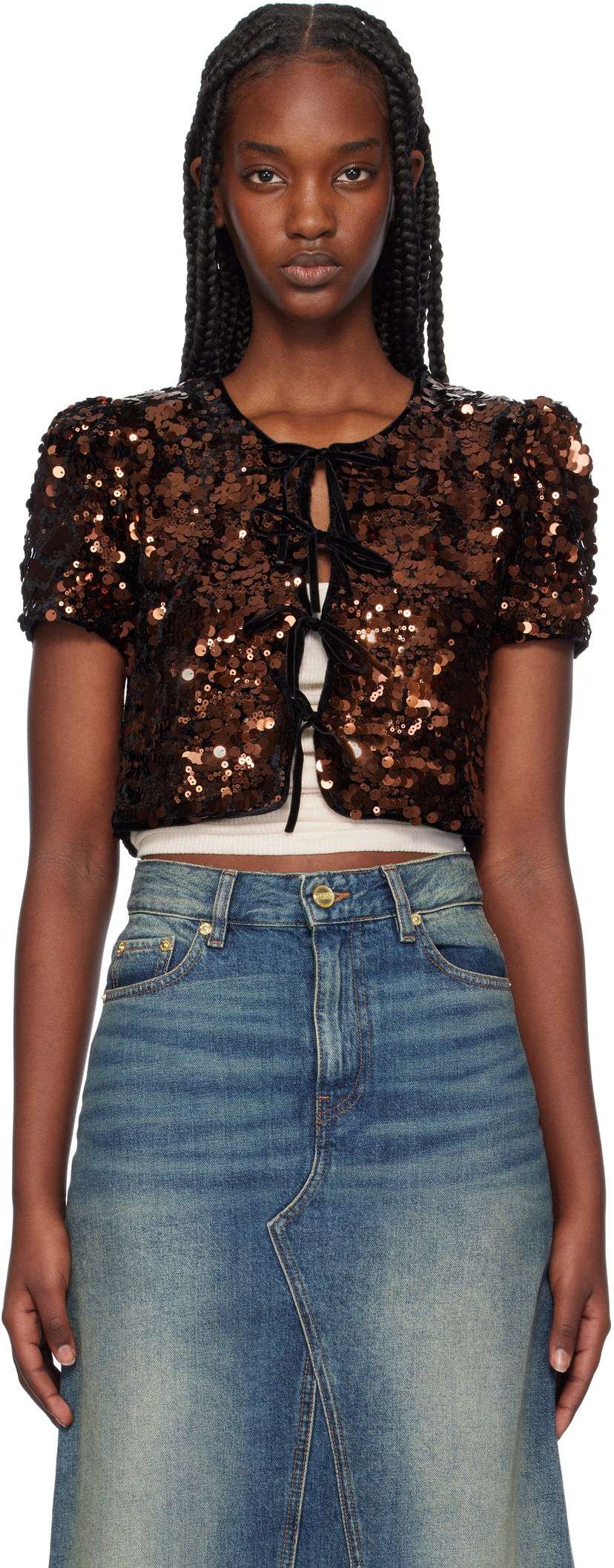 Crop top GANNI Sequin Velvet Tie-Front Blouse Brun | T3984