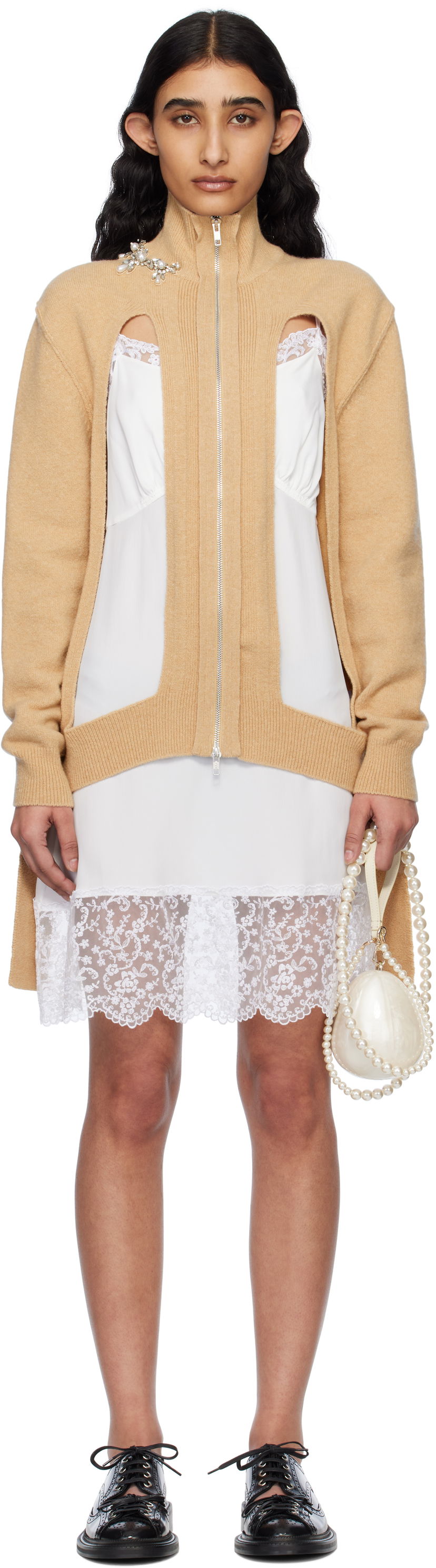 Klä Simone Rocha Simone Rocha Embellished Window Zip Cardigan Beige | LMK4BW 0660