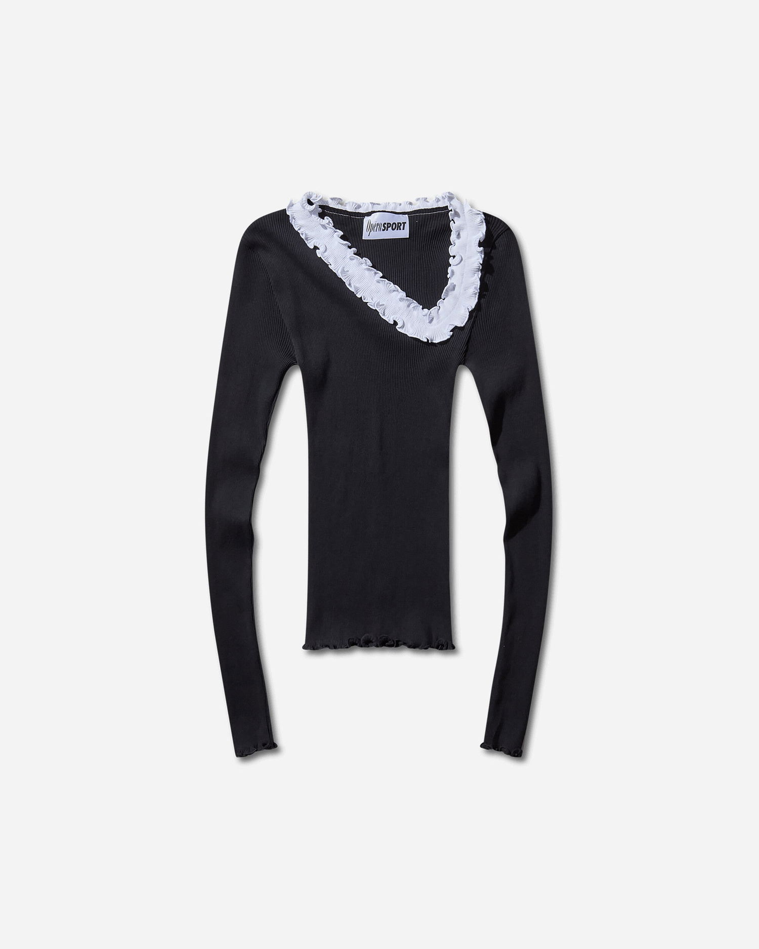 Skjorta OpéraSPORT Evita Seamless Ribbed Ruffle-Trim Long-Sleeve Top Svart | W32AW24  4, 1