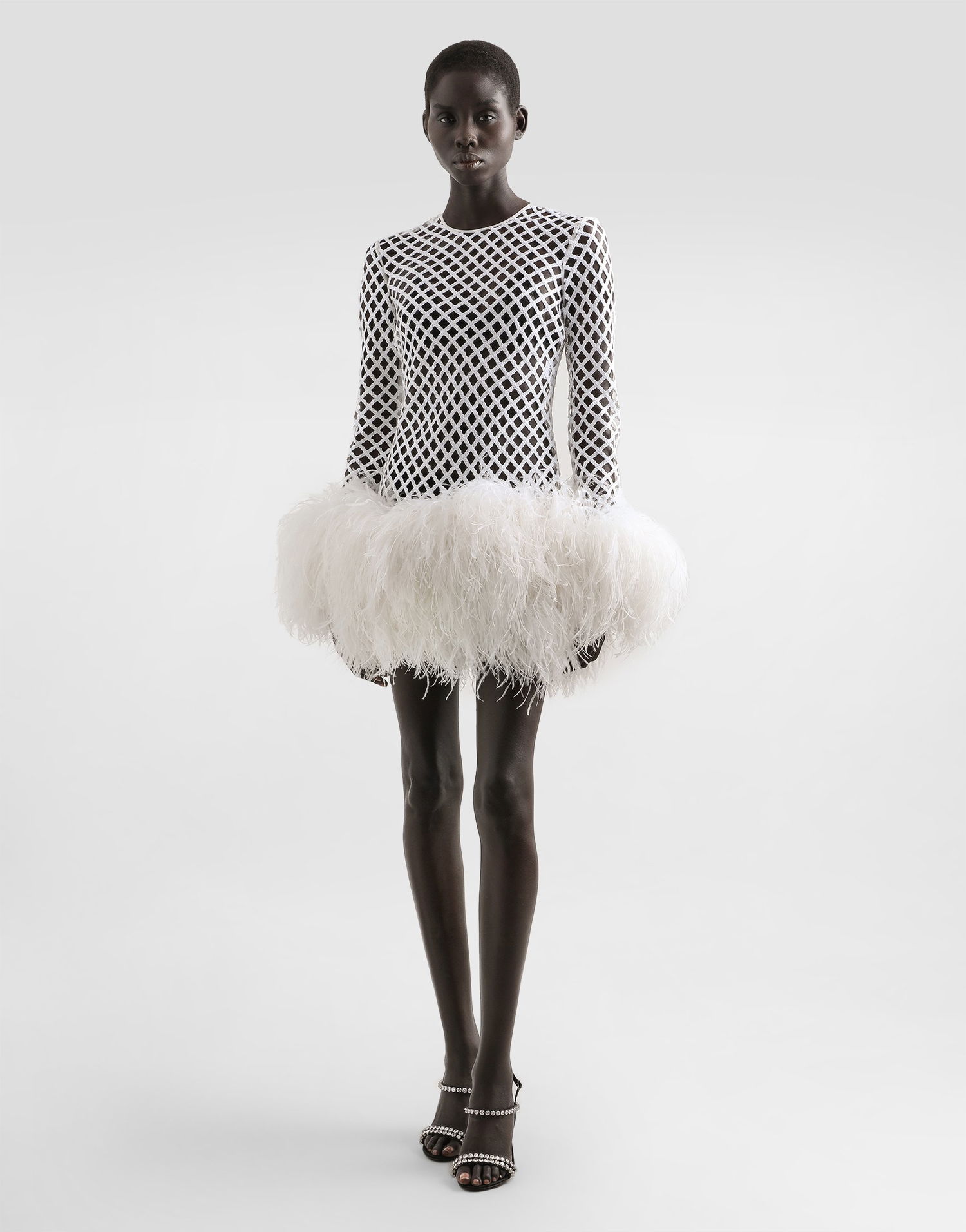 Klä Dolce & Gabbana Dolce & Gabbana Short Sequin Mesh Feather Trim Dress Vit | F60FCZFLSLDW0800, 1