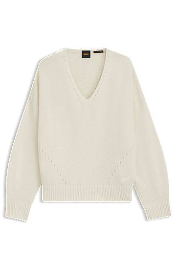 Sweater BOSS Relaxed Fit V-neck Sweater with Stitch Details in Italian Yarn Beige | 50550464, 0