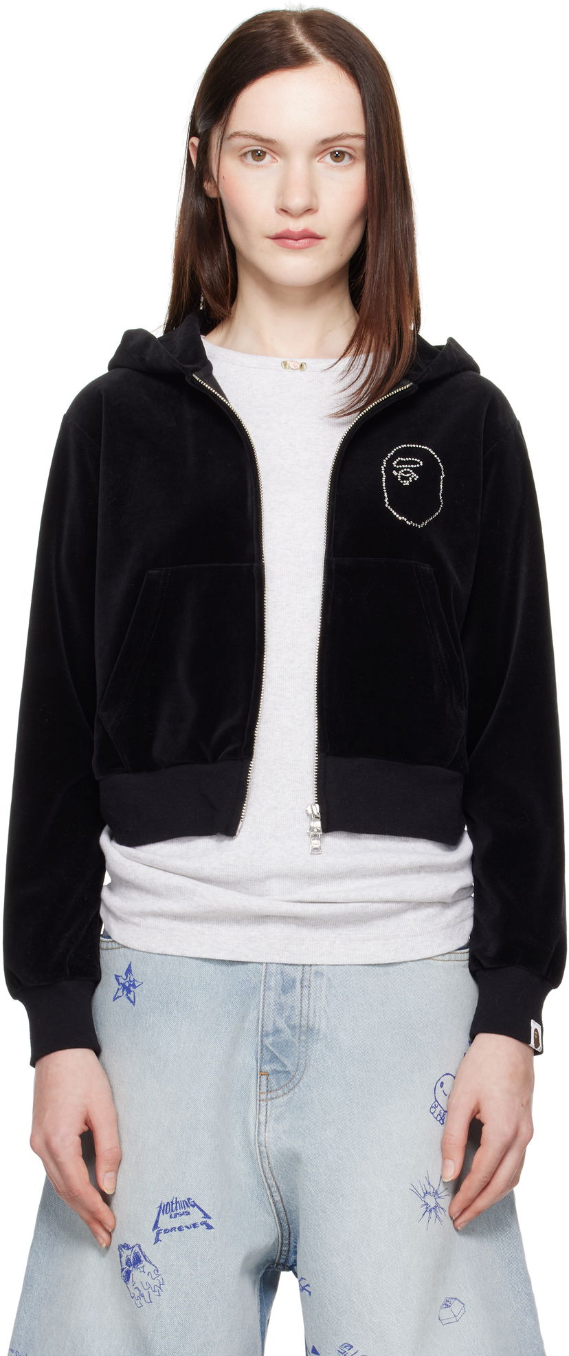 Sweatshirt BAPE A Bathing Ape Crystal Stone Ape Head Velour Cropped Hoodie Svart | 001ZPK802004L
