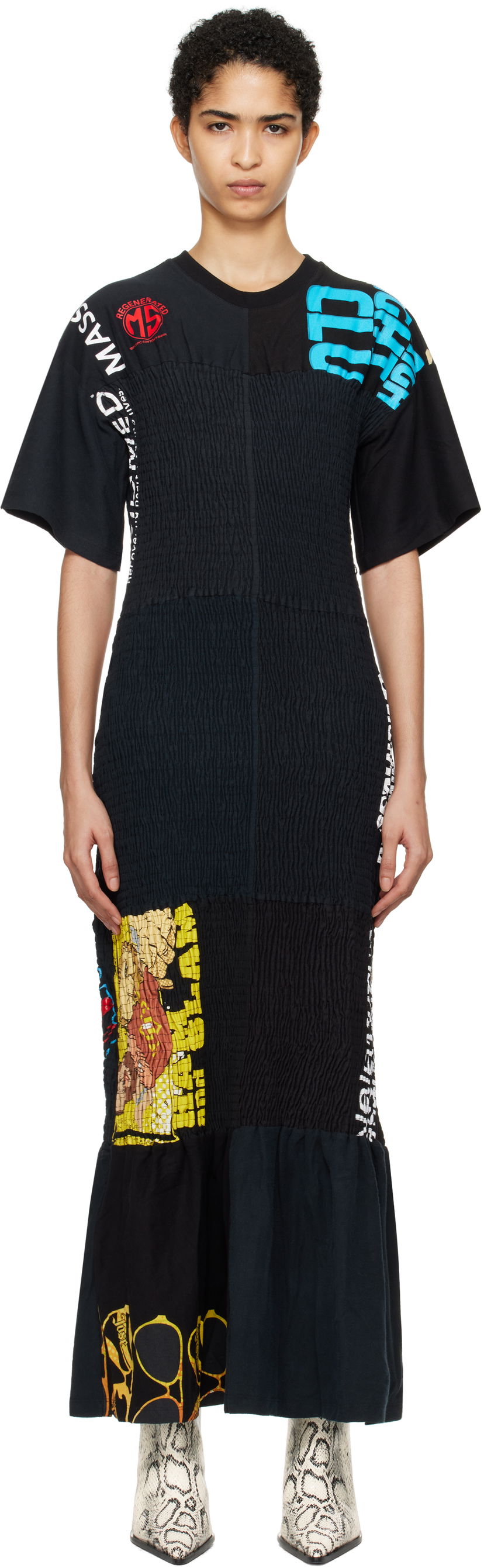 Klä Marine Serre Upcycled Shirred Fitted Maxi Dress Svart | WDR283A