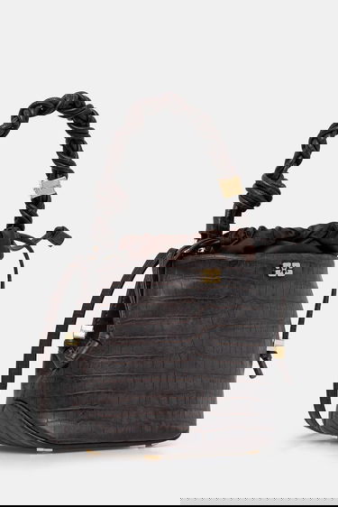 Handväska GANNI Bou Braided Handle Crocodile-Embossed Drawstring Bucket Bag Brun | A6697, 1