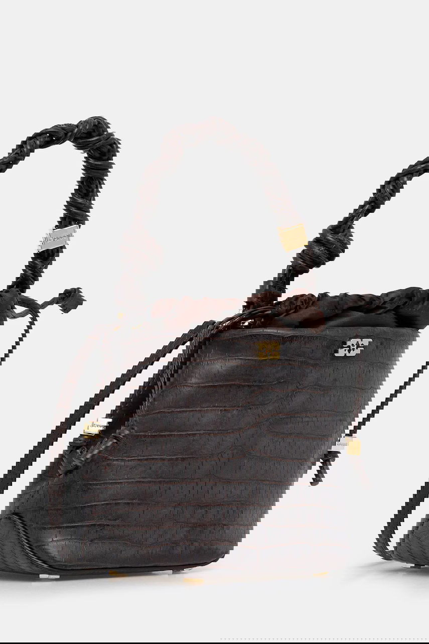 Handväska GANNI Bou Braided Handle Crocodile-Embossed Drawstring Bucket Bag Brun | A6697, 1