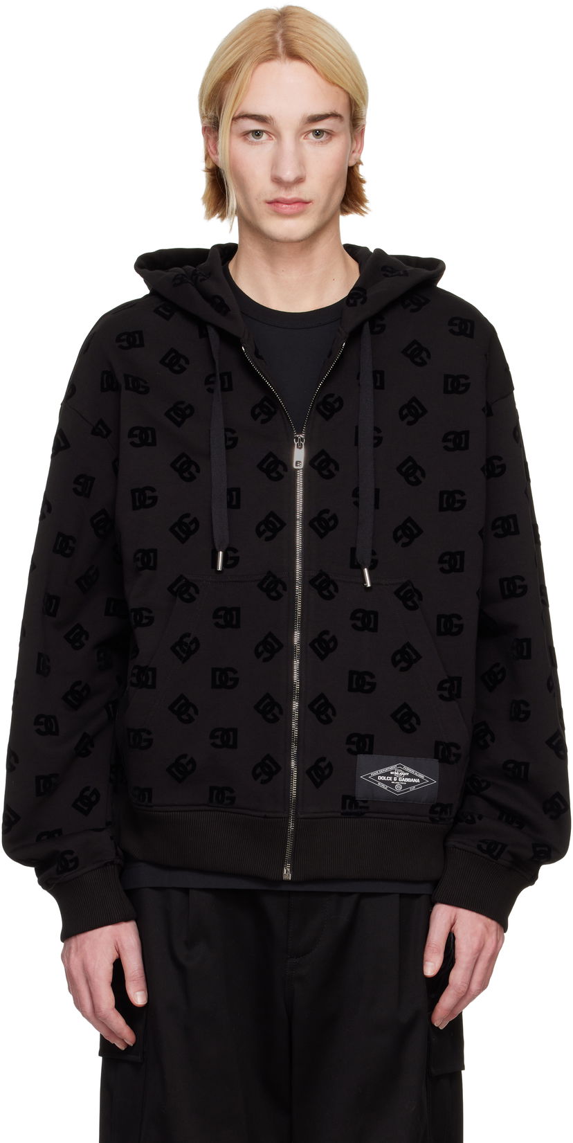 Sweatshirt Dolce & Gabbana Flocked Logo Zip-Up Hoodie Svart | G9AIYTG7NWD