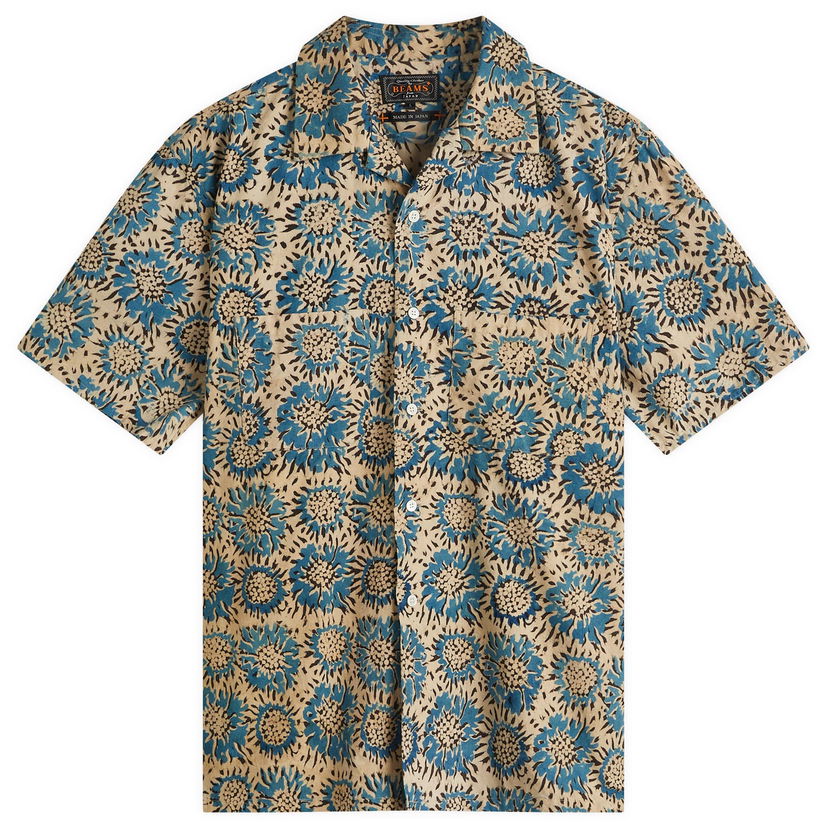 Skjorta BEAMS Beams Plus Open Collar Block Print Sunflower Shirt, Size Medium Beige | 3801-0167-139-75