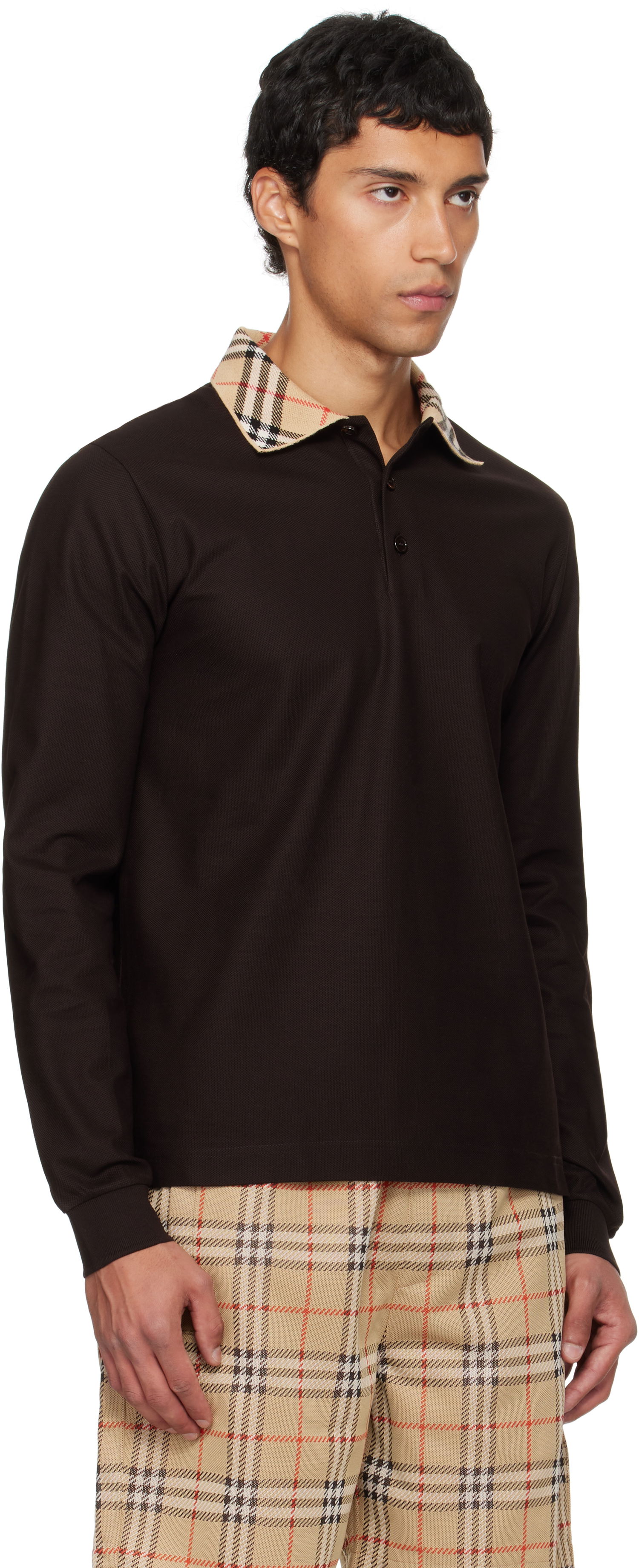 Polotröja Burberry Burberry Long Sleeve Polo with Check Collar Brun | 8116012, 1