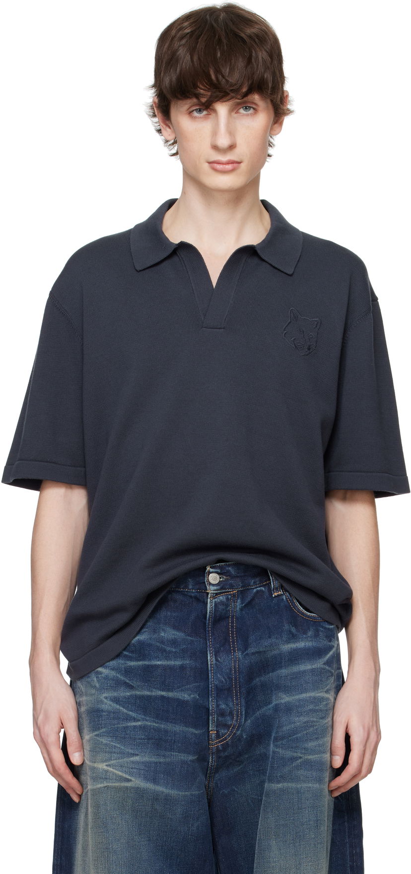 Polotröja MAISON KITSUNÉ Maison Kitsuné Fox Head Embroidered Knitted Polo Mörkblå | OM00205KT1135