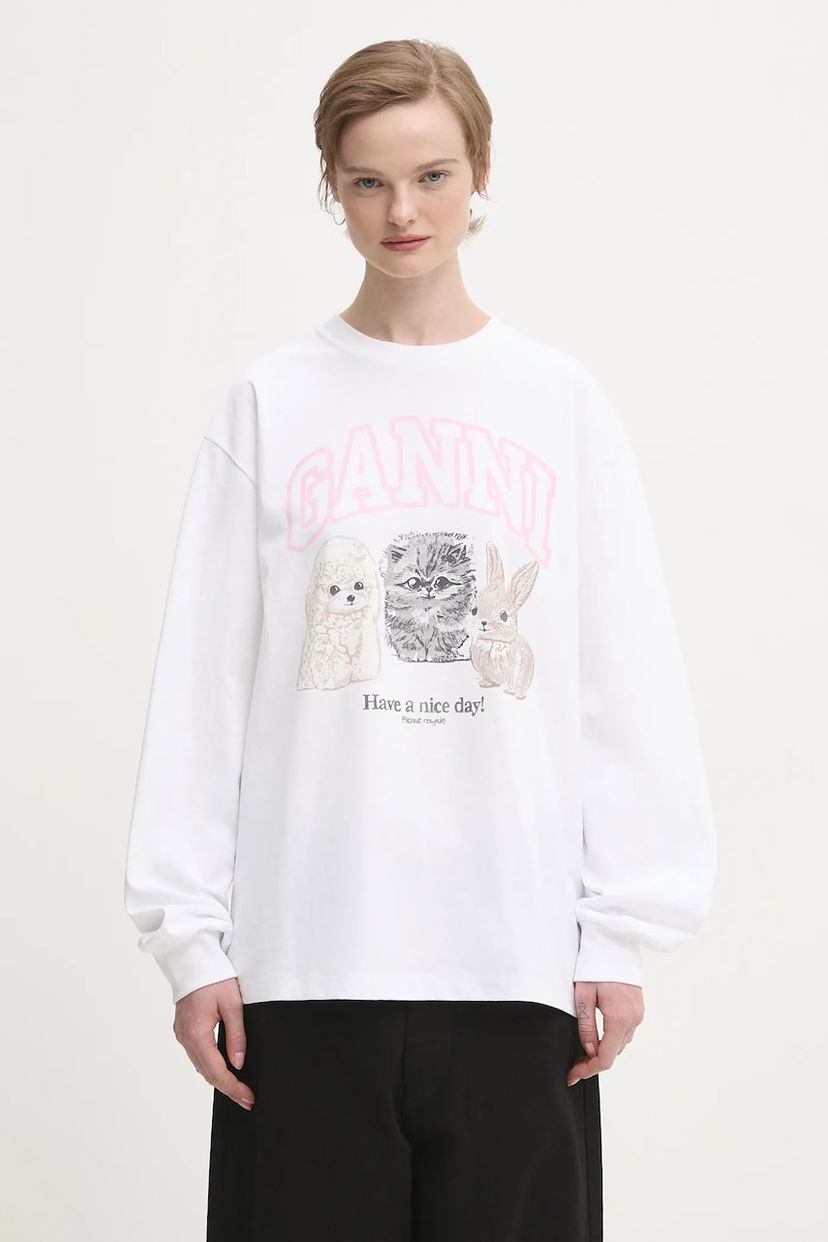 T-shirt GANNI Re-cut Heavy Jersey Animals Long-sleeved T-shirt Vit | T4275