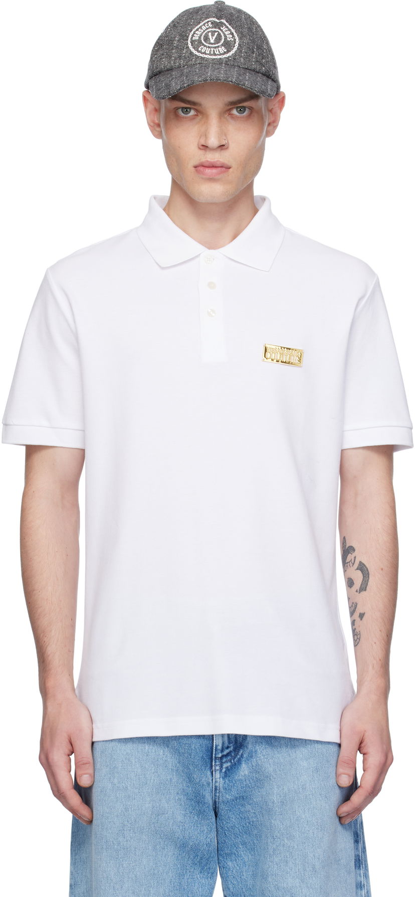 Polotröja Versace Slim-Fit Logo Polo Vit | E77GAGT08_ECJ01T