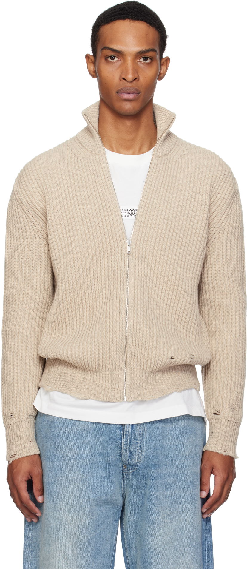 Sweater Maison Margiela MM6 Maison Margiela Ribbed Knit Zip Sweater Beige | SH0AM0064 M13138