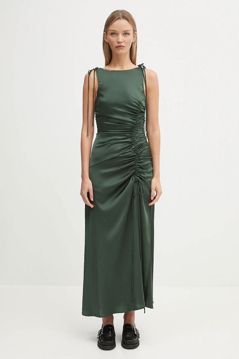 Klä GANNI GANNI Stretch Satin Gathered Maxi Dress Grön | W0739