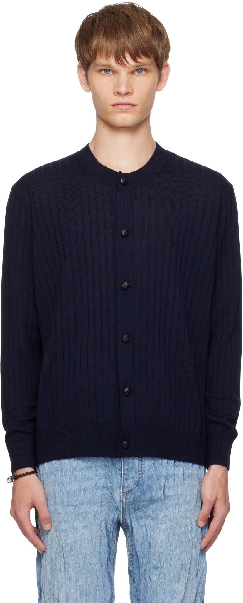 Sweater Bottega Veneta Bottega Veneta Wool Rib Knit Cardigan Mörkblå | 838111V5L704140