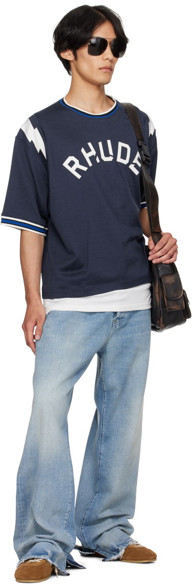 T-shirt Rhude Rhude Logo Lightning Ringer T-Shirt Mörkblå | RHPF25TT01729, 3