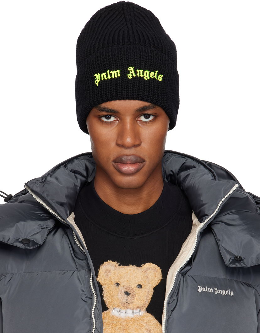 Mössa Palm Angels Classic Logo Ribbed Beanie Svart | PMLC030F24KNI0051065