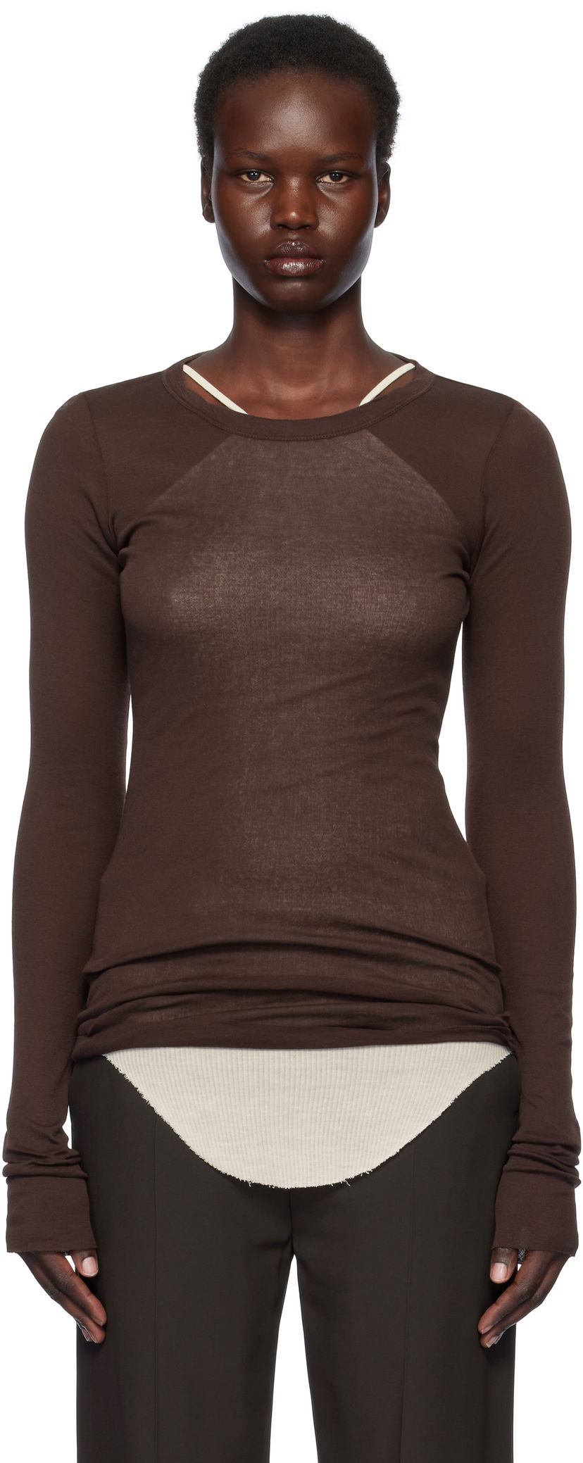 Sweater Rick Owens Rick Owens Hollywood Rib Long Sleeve T-Shirt Brun | RP01E7202 MR