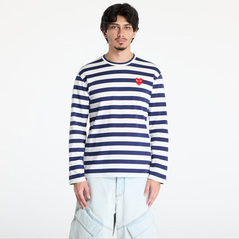 T-shirt Comme des Garçons Comme des Garçons PLAY Stripe Emblem Long Sleeve T-Shirt with Rhinestone Mörkblå | AX-T805 NAVYxWHITE