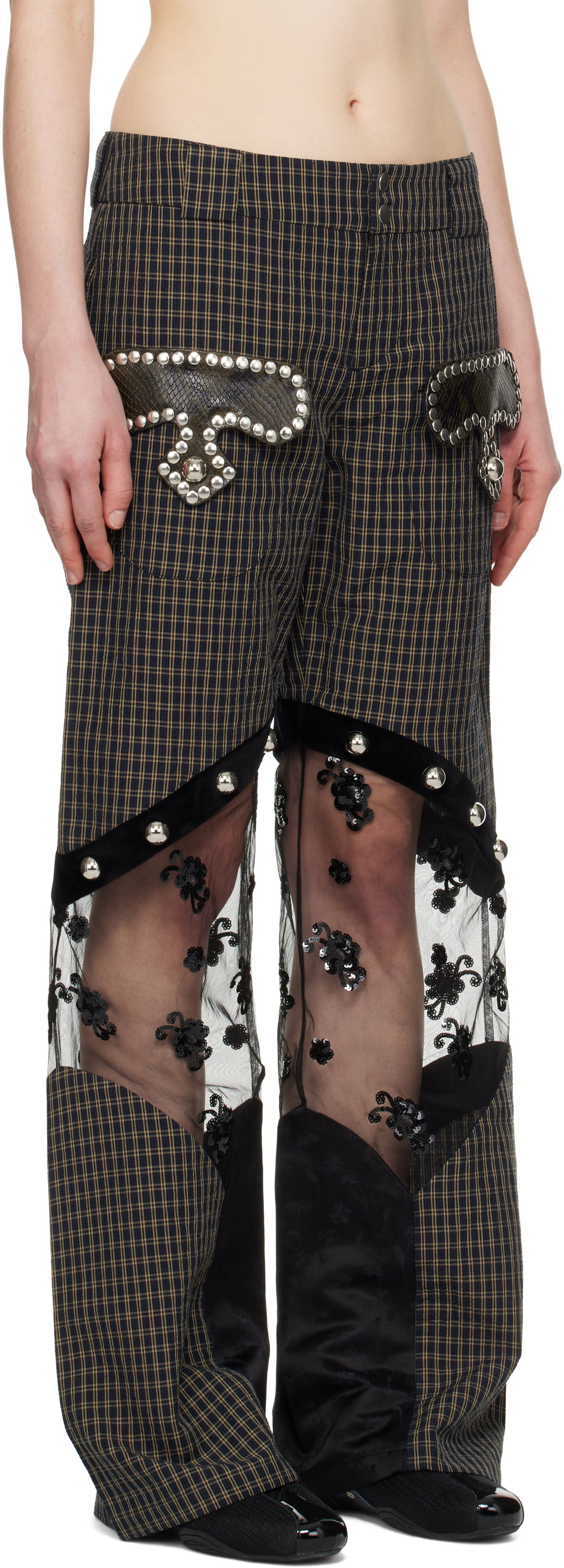 Byxor Chopova Lowena Chopova Lowena Rusher Plaid & Lace Panel Trousers Brun | 4092, 1