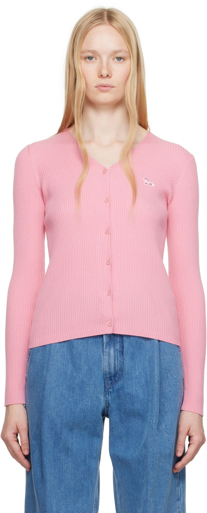 Sweater MAISON KITSUNÉ Maison Kitsuné Baby Fox Patch Fine Ribbed Cardigan Rosa | OW00501KT1091