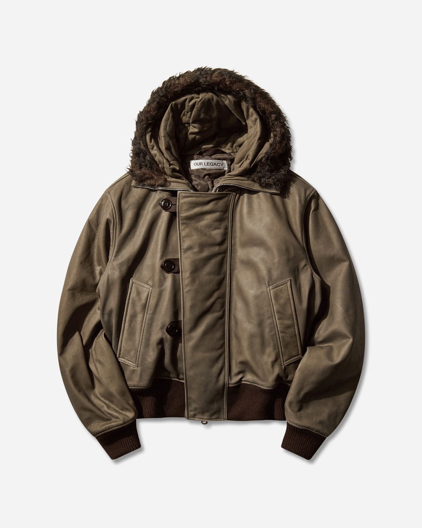 Bomberjacka OUR LEGACY Compel Leather Bomber Jacket with Fur Hood Grön | M4259CO 001