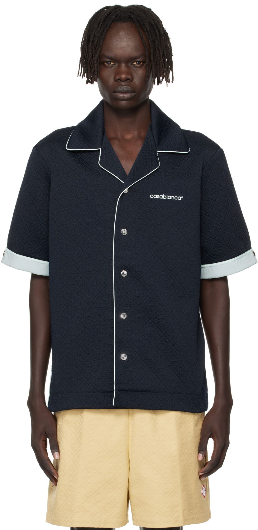 Skjorta Casablanca Casablanca Jacquard Short Sleeve Shirt Mörkblå | MPF25-SH-190-01