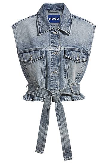 Väst BOSS HUGO Cropped Denim Vest with Tie Belt Blå | 50537493
