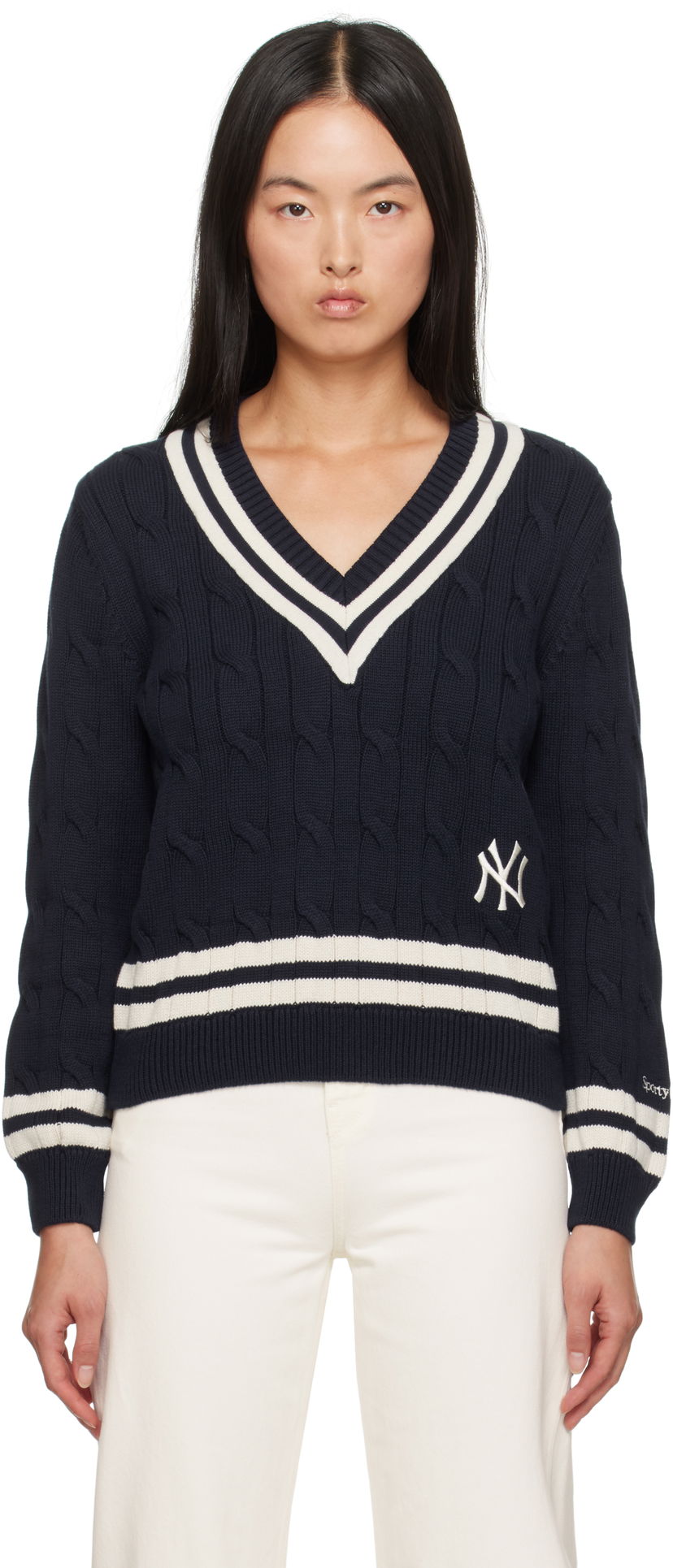 Sweater Sporty & Rich '47 Edition Yankees Serif Cable Knit Sweater Mörkblå | WS011505631BL32