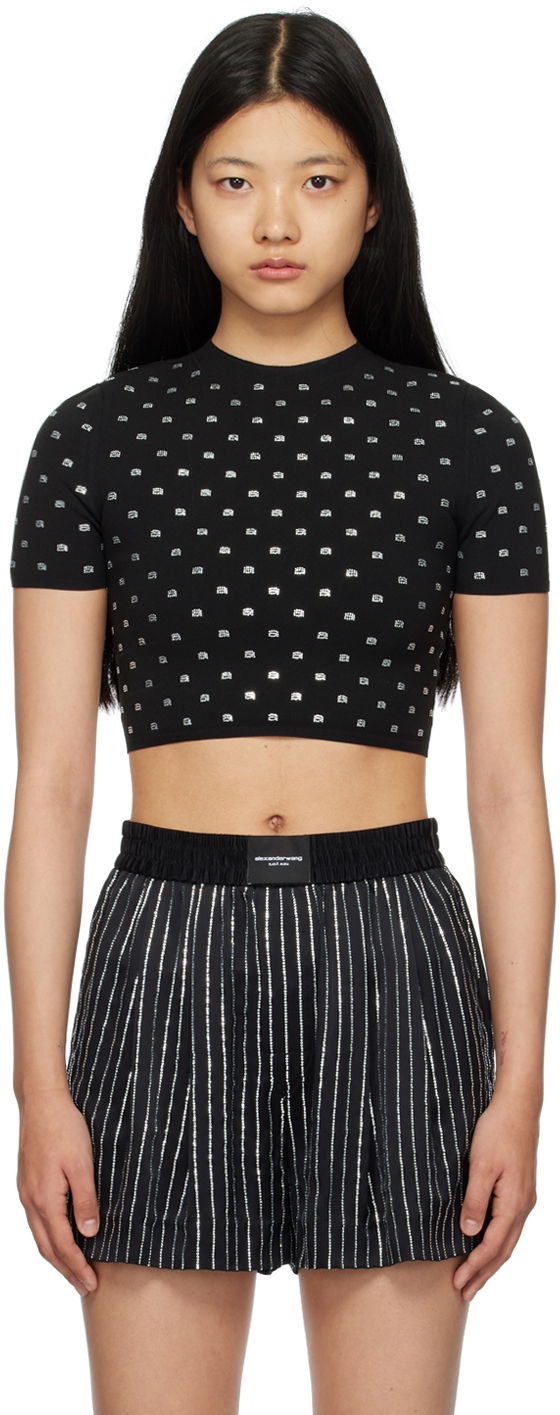 Crop top Alexander Wang Alexander Wang Cropped Crystal T-Shirt Svart | 1KC1231052