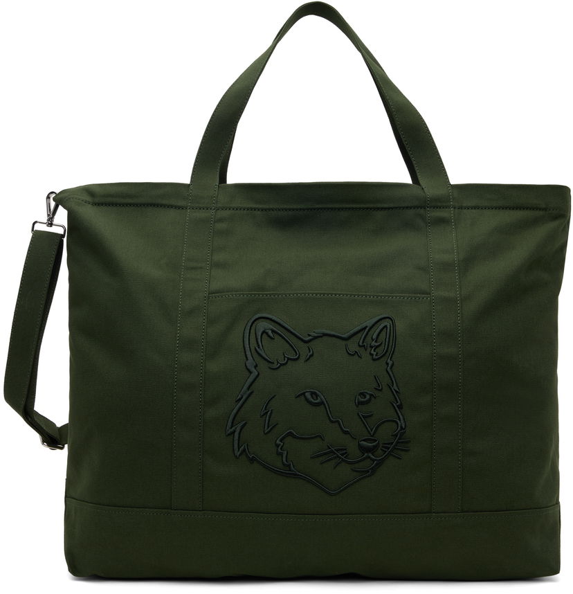 Tygpåse MAISON KITSUNÉ Fox Head XL Tote Bag Green Grön | LW05105WW0107