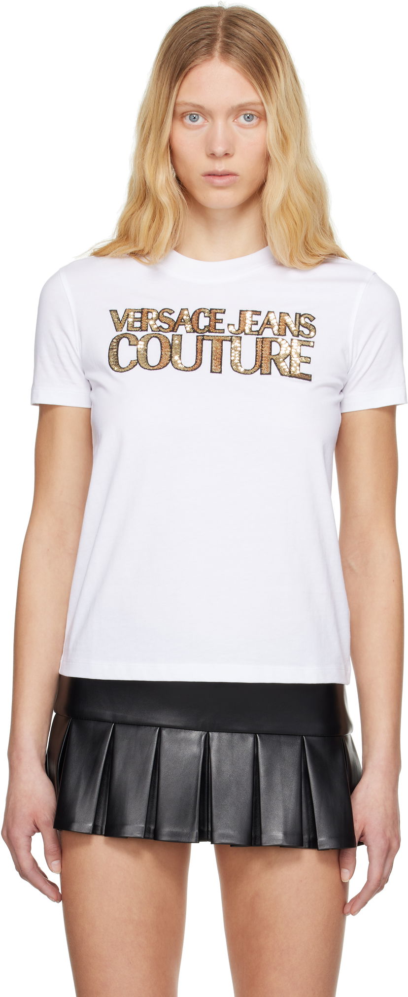 T-shirt Versace Versace Jeans Couture Sequinned Logo T-Shirt Vit | E78HAHE02_ECJ00E