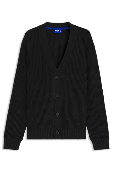 Sweater BOSS Relaxed Fit Ribbed Cardigan Svart | 50543776
