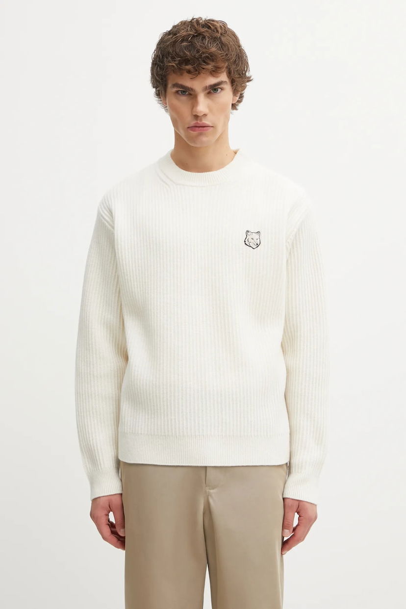 Sweater MAISON KITSUNÉ Fox Head Wool Ribbed Sweater Vit | PM00811KT1149