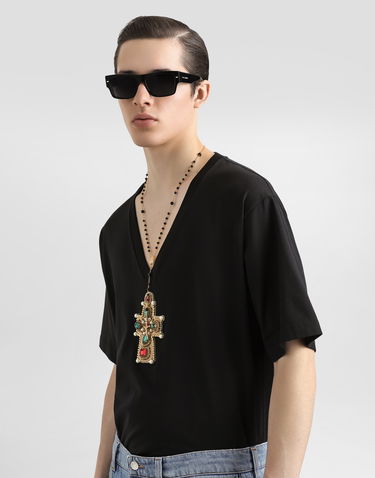 T-shirt Dolce & Gabbana Cotton V-Neck T-Shirt With Jeweled Cross Patch Svart | G8QL3ZG7O4IN0000, 3
