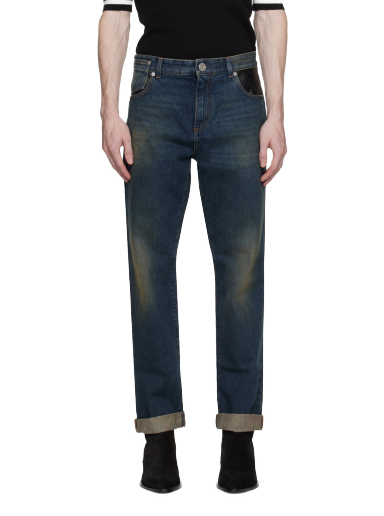 Jeans Balmain Leather Pocket Jeans Mörkblå | BH0MI043DD83