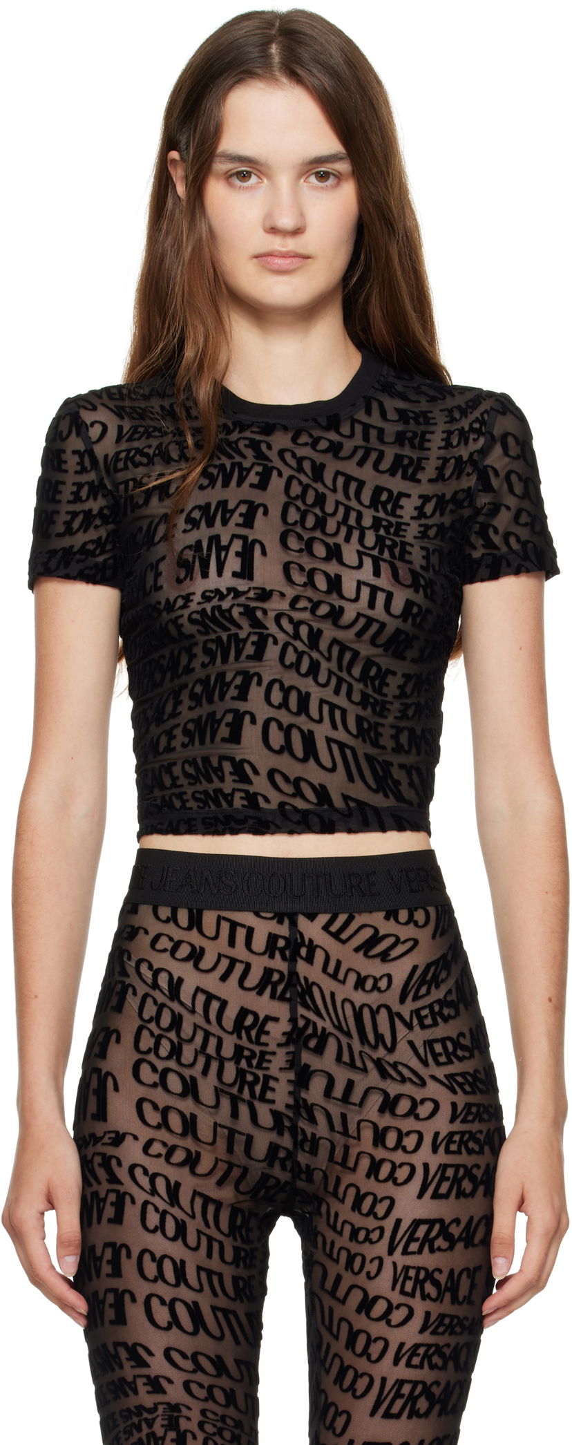 T-shirt Versace Versace Jeans Couture Tulle Flock Liquify T-Shirt Svart | E79HAH602_EJS490