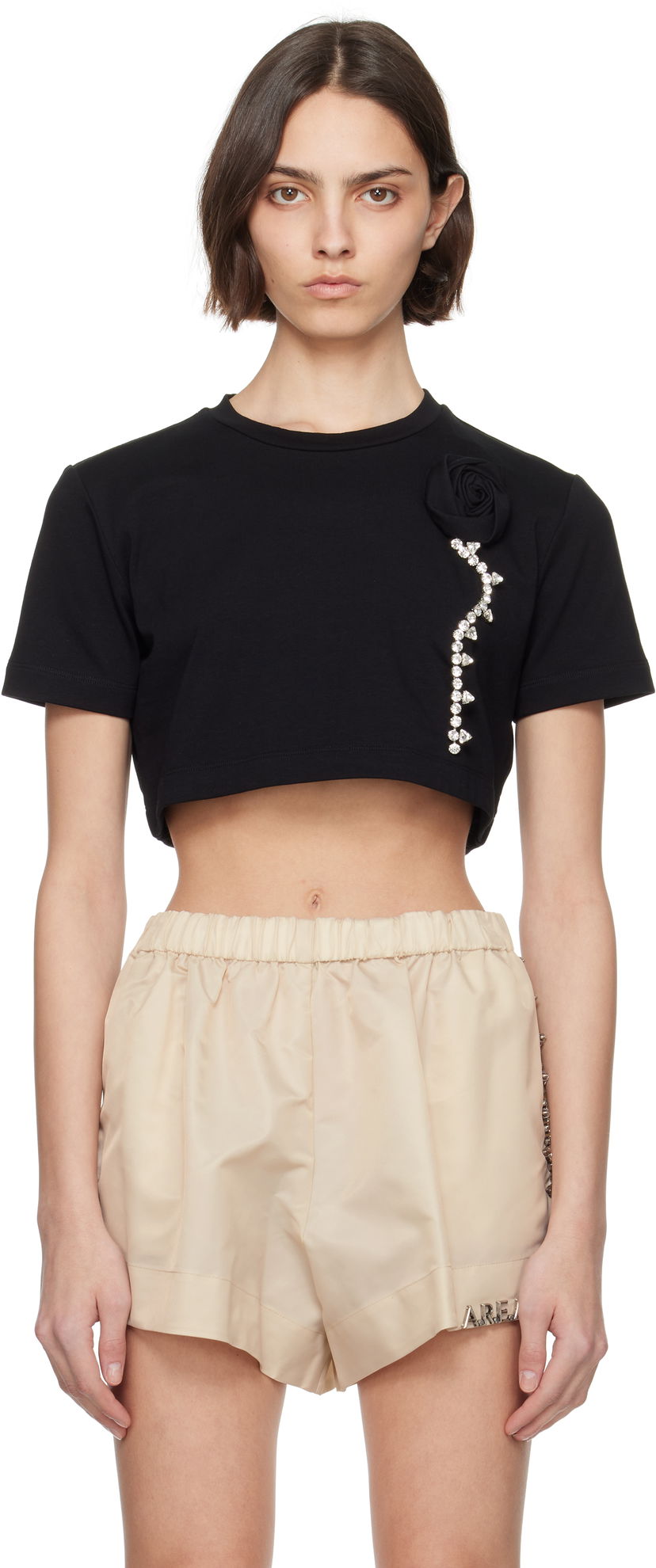 T-shirt Area AREA Crystal Rosette Cropped T-Shirt Svart | SS25AWTS0028FA02