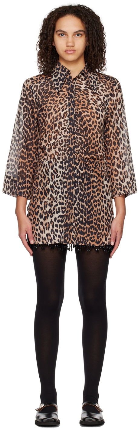 Klä GANNI GANNI Leopard Print Mini Dress with Beaded Trim Brun | F6956