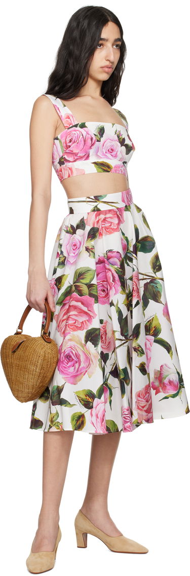 Kjol Dolce & Gabbana Dolce&Gabbana Rose-Print Cotton Circle Midi Skirt Vit | F4C1XT HS5S4, 3