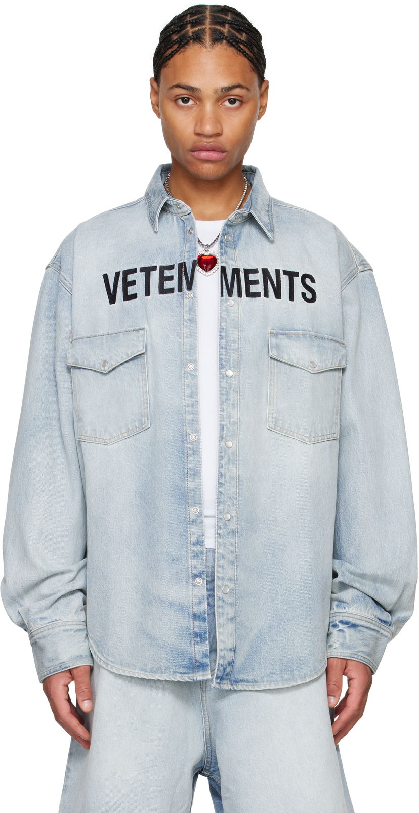 Skjorta VETEMENTS Embroidered Logo Denim Shirt Blå | UA66SH510L