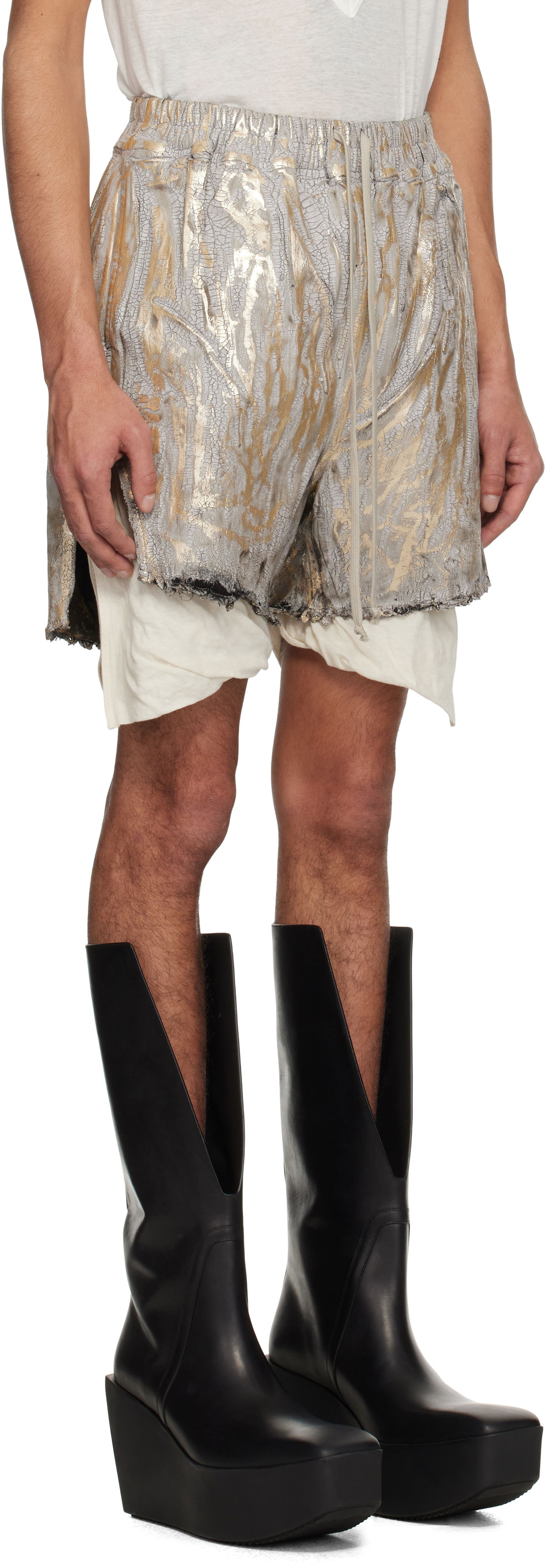 Shorts Rick Owens Rick Owens Hollywood Boxers Cracked Metallic Drawstring Shorts Metallisk | RR01E5306 SGMC, 1